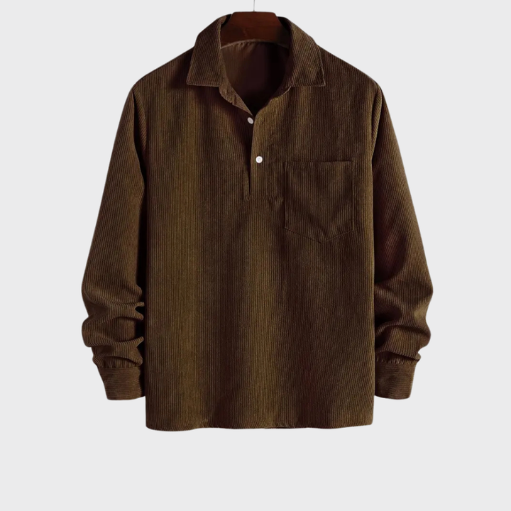 Men’s Long Sleeve Polo Shirt Casual Collared Button Front Pocket Top