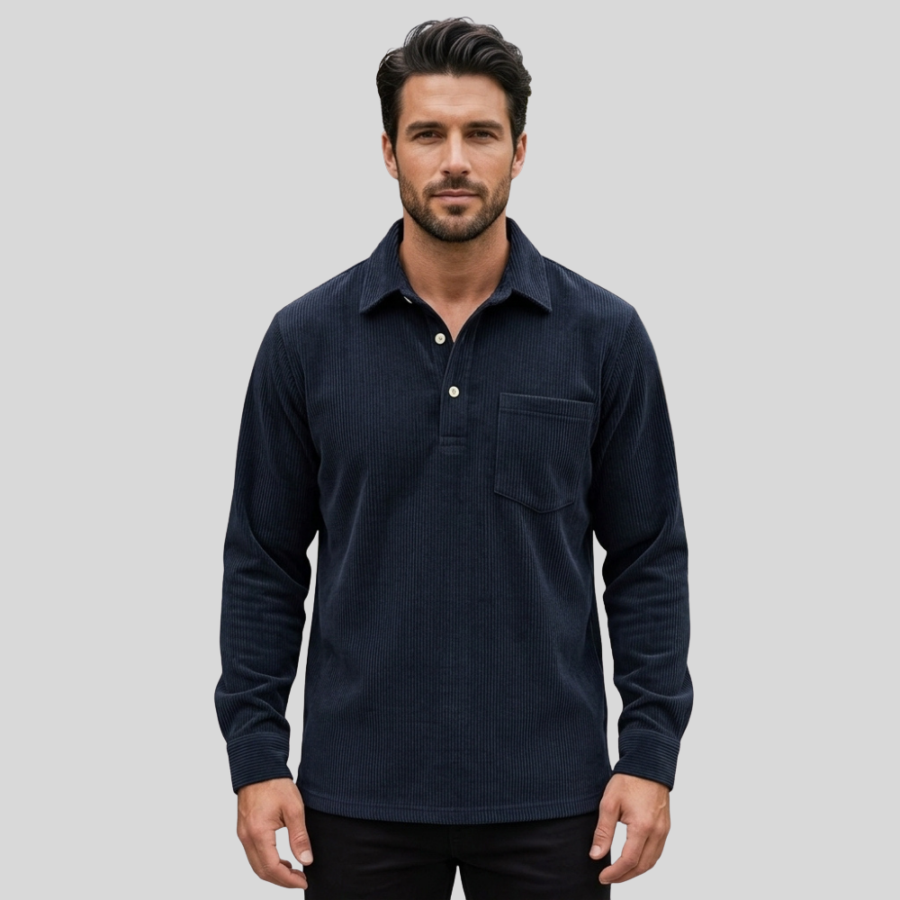 Men’s Long Sleeve Polo Shirt Casual Collared Button Front Pocket Top