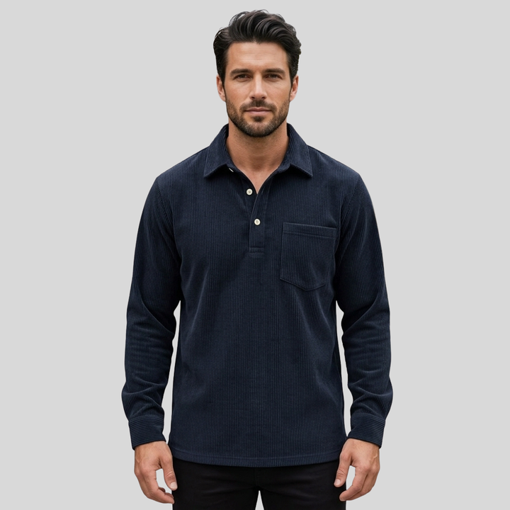 Men’s Long Sleeve Polo Shirt Casual Collared Button Front Pocket Top