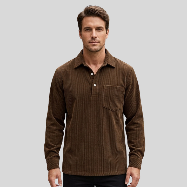 Men’s Long Sleeve Polo Shirt Casual Collared Button Front Pocket Top
