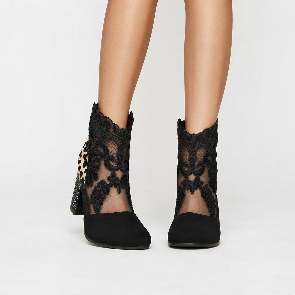 Women's Floral Lace Heeled Ankle Boots