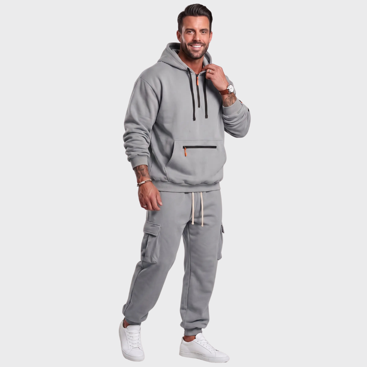 Men’s Hooded Sweatshirt Set – Casual Drawstring Top and Cargo Jogger Pants