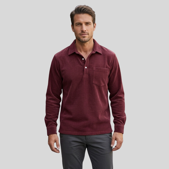 Men’s Long Sleeve Polo Shirt Casual Collared Button Front Pocket Top