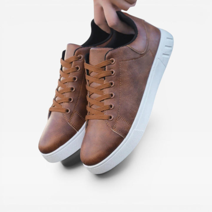 Men's Casual Leather Sneakers – Minimalist Lace Up Low Top Everyday Trainers
