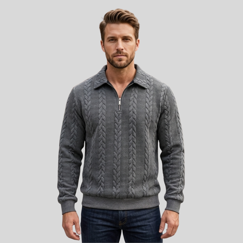 Men’s Quarter Zip Sweater Cable Knit Collared Pullover
