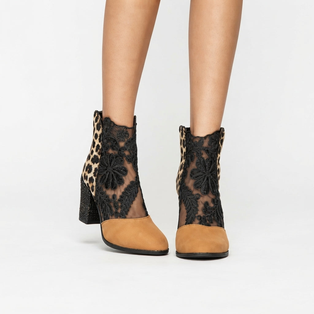 Women's Floral Lace Heeled Ankle Boots