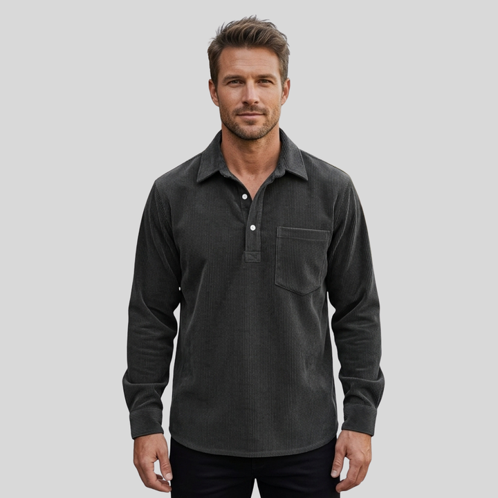 Men’s Long Sleeve Polo Shirt Casual Collared Button Front Pocket Top