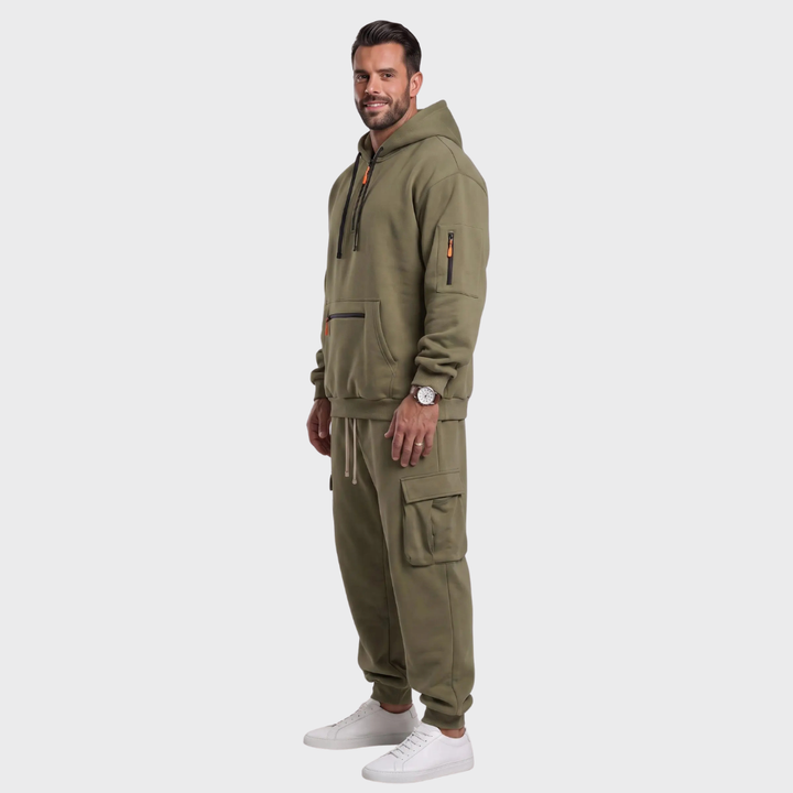 Men’s Hooded Sweatshirt Set – Casual Drawstring Top and Cargo Jogger Pants