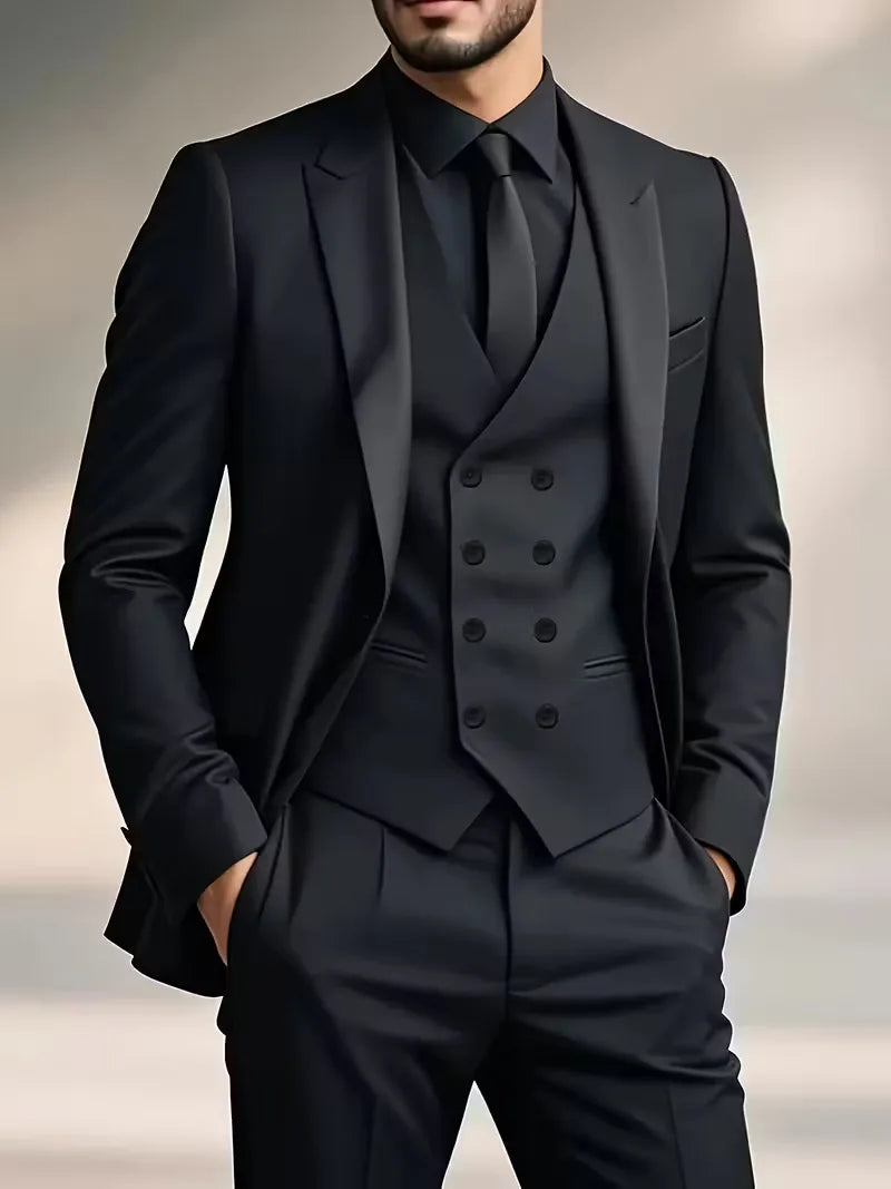 Slim Fit Double-Breasted Three-Piece Suit Set with Waistcoat for Men
