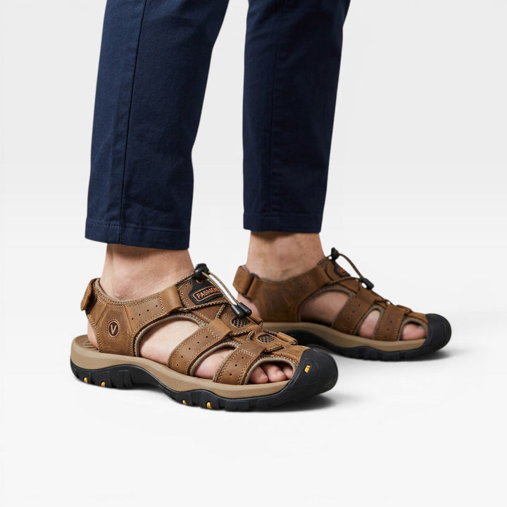 Men's Genuine Leather Closed Toe Trail Sandals – Adjustable Outdoor Walking Sandals