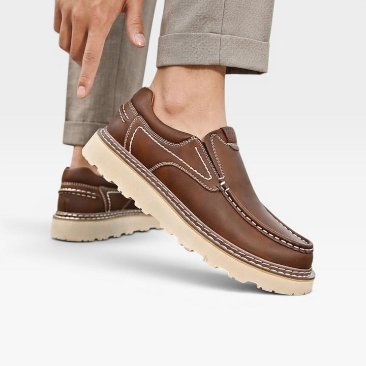 Men's Genuine Leather Loafers – Hand Stitched Slip On Casual Chunky Sole Shoes