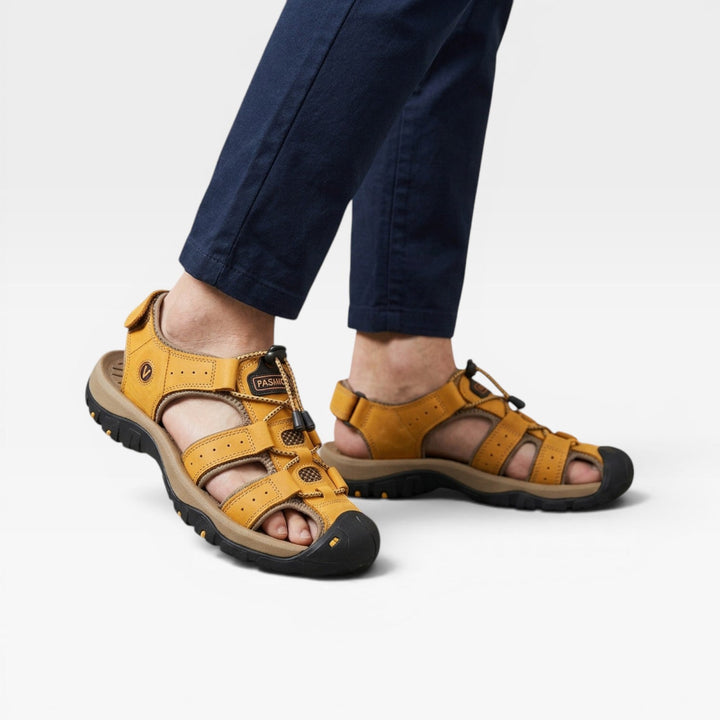 Men's Genuine Leather Closed Toe Trail Sandals – Adjustable Outdoor Walking Sandals