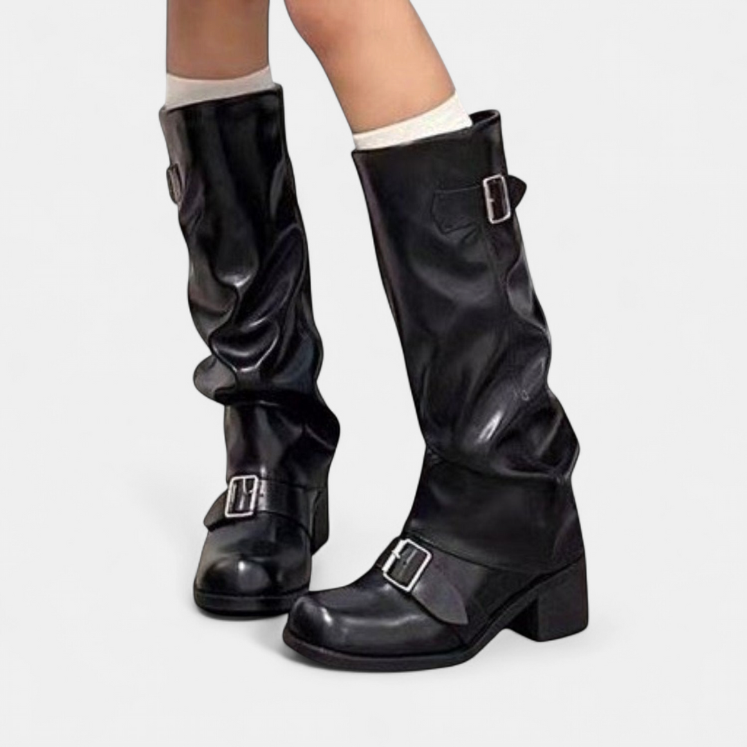 Women's Knee High Slouch Boots, Block Heel Buckle
