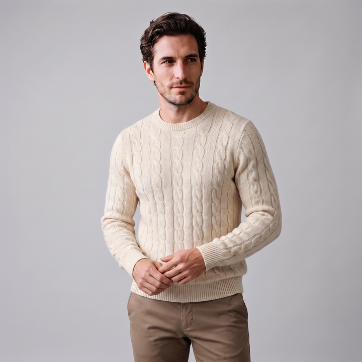 Men's Cable Knit Wool Crew Neck Sweater