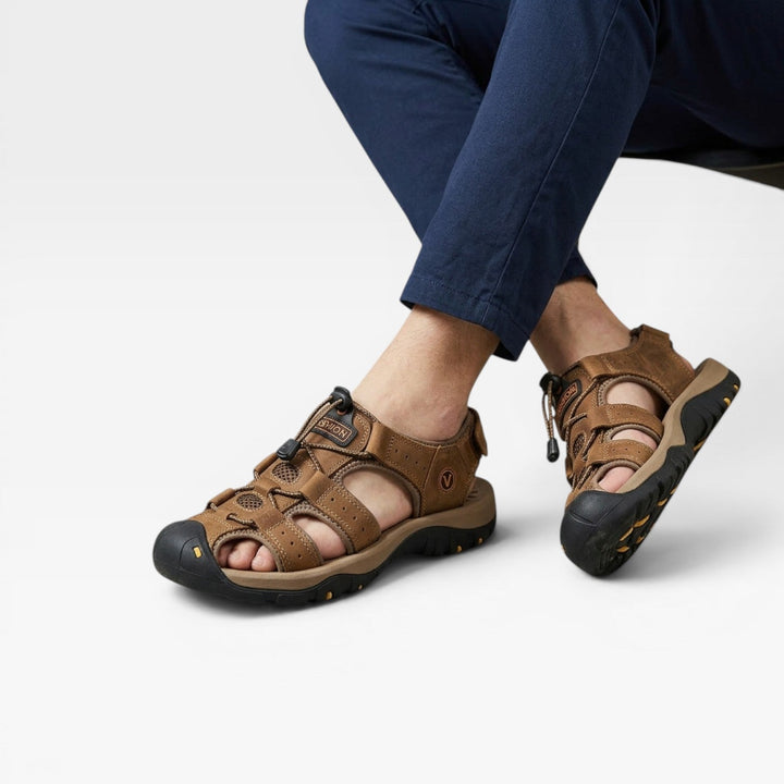 Men's Genuine Leather Closed Toe Trail Sandals – Adjustable Outdoor Walking Sandals