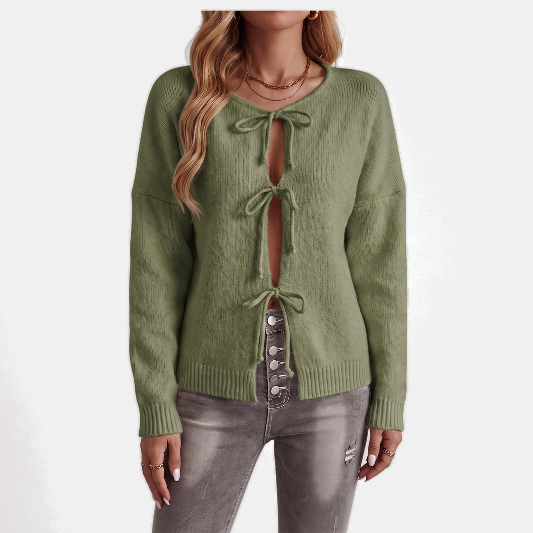 Women's Knit Oversized Cardigan, Tie Front Hip Length