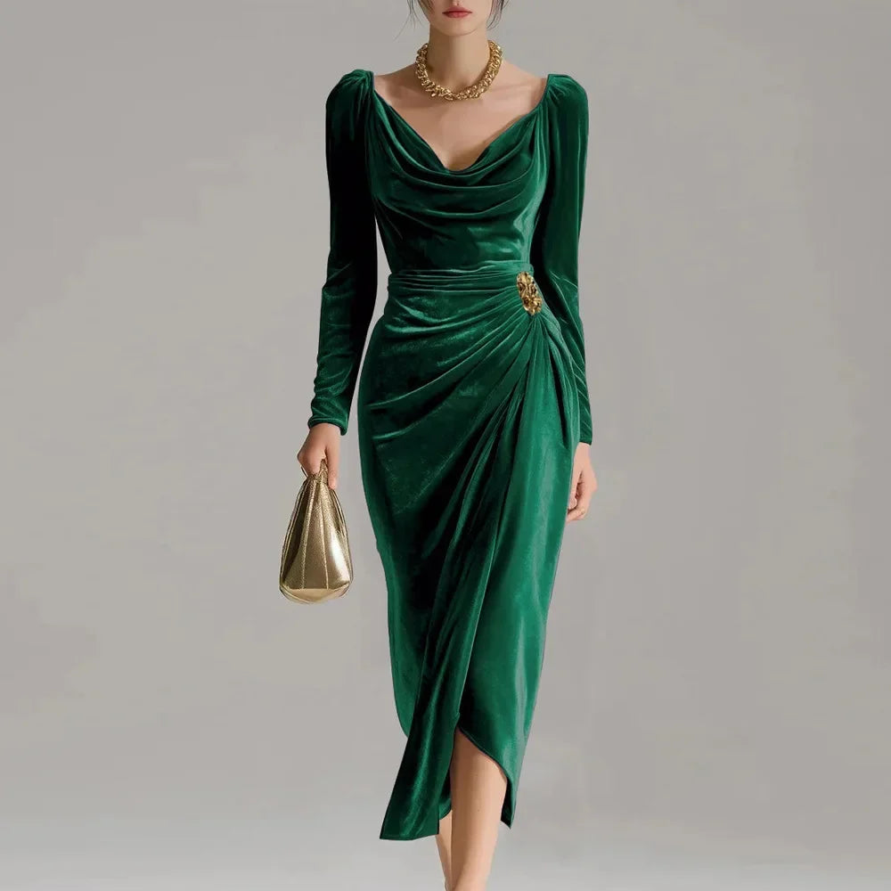 Women's Velvet Bodycon Midi Dress Cowl Neck