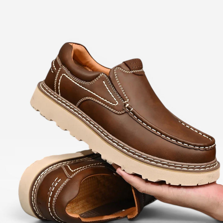 Men's Genuine Leather Loafers – Hand Stitched Slip On Casual Chunky Sole Shoes