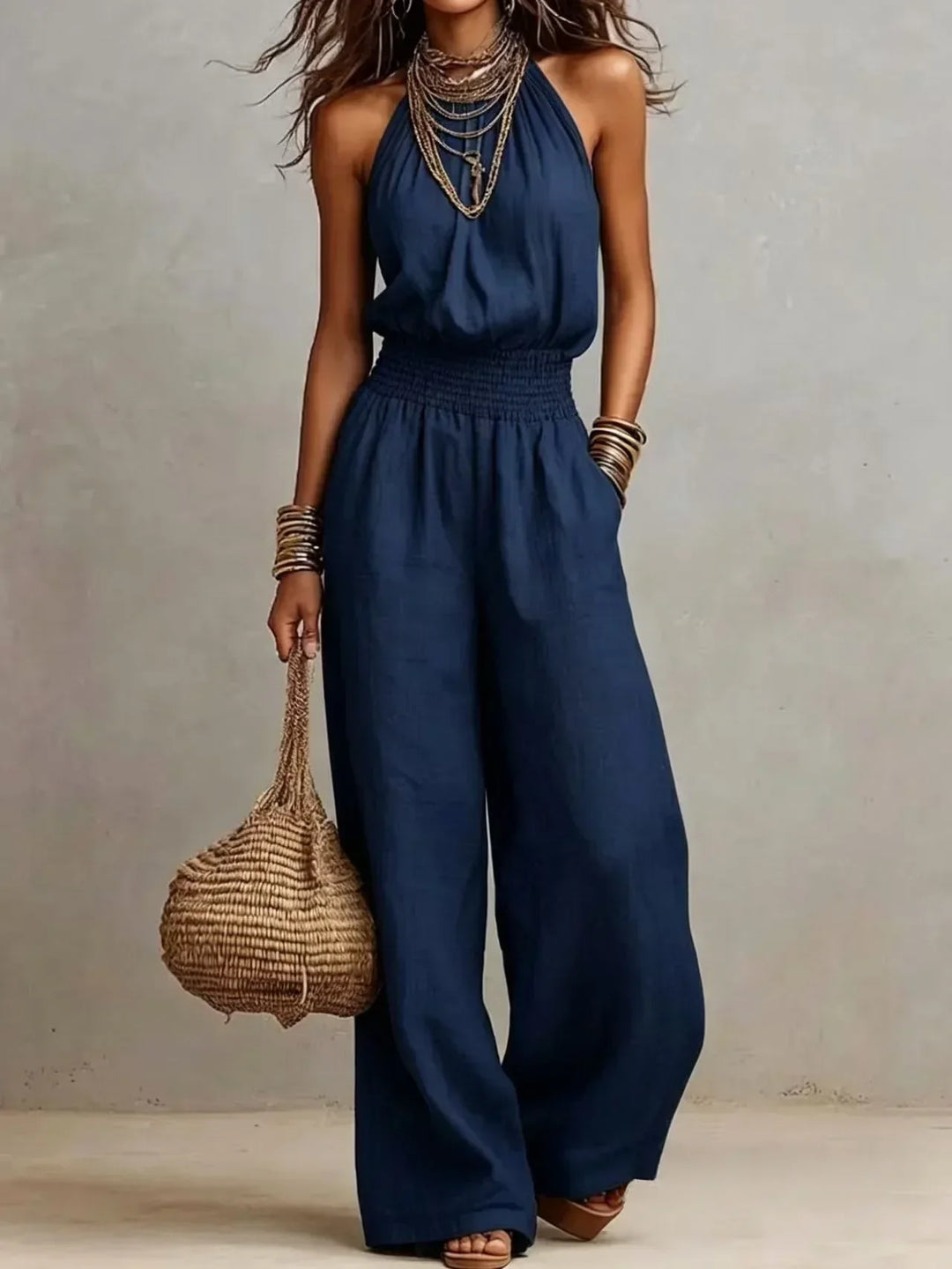 Halter Wide-Leg Jumpsuit – Smocked Waist Elegance
