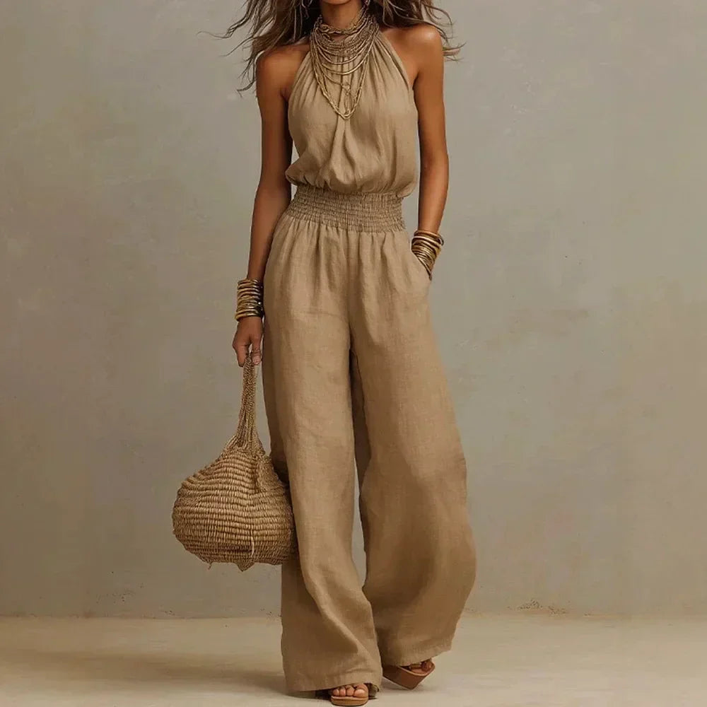 Halter Wide-Leg Jumpsuit – Smocked Waist Elegance