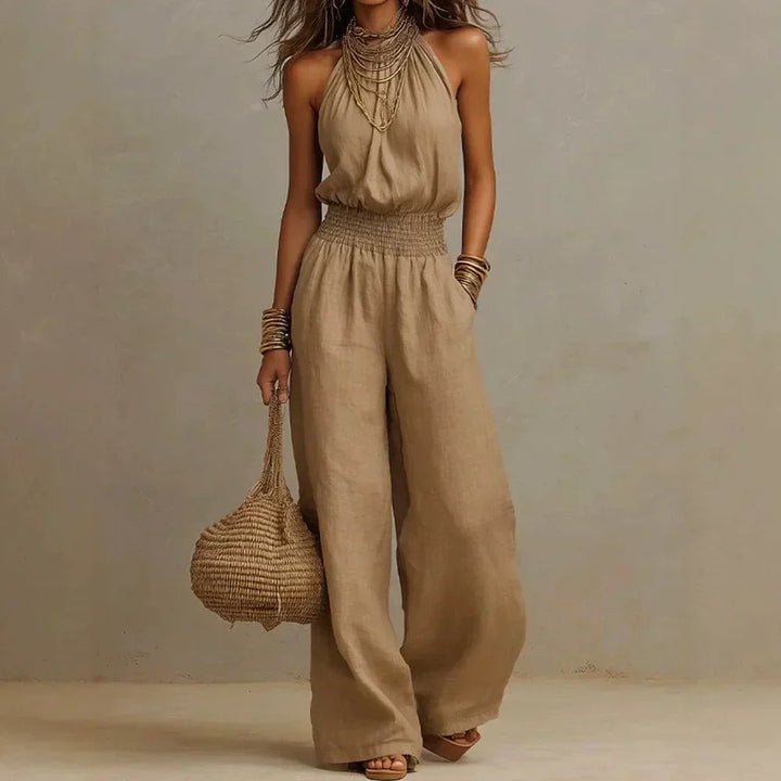 Halter Wide-Leg Jumpsuit – Smocked Waist Elegance
