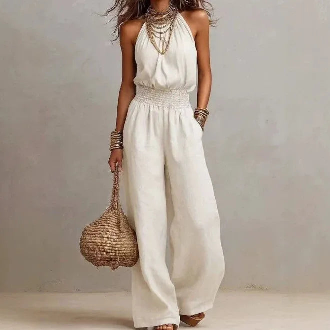 Halter Wide-Leg Jumpsuit – Smocked Waist Elegance