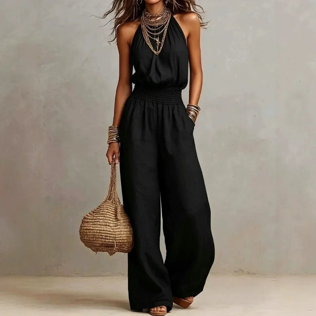 Halter Wide-Leg Jumpsuit – Smocked Waist Elegance