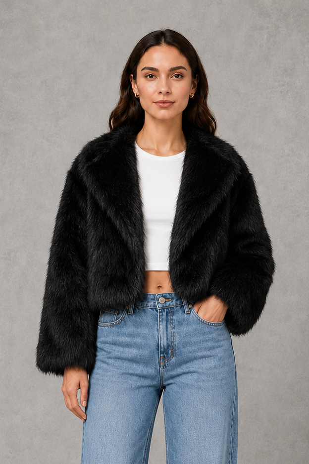 Women’s Black Faux Fur Coat – Elegant Plush Winter Jacket