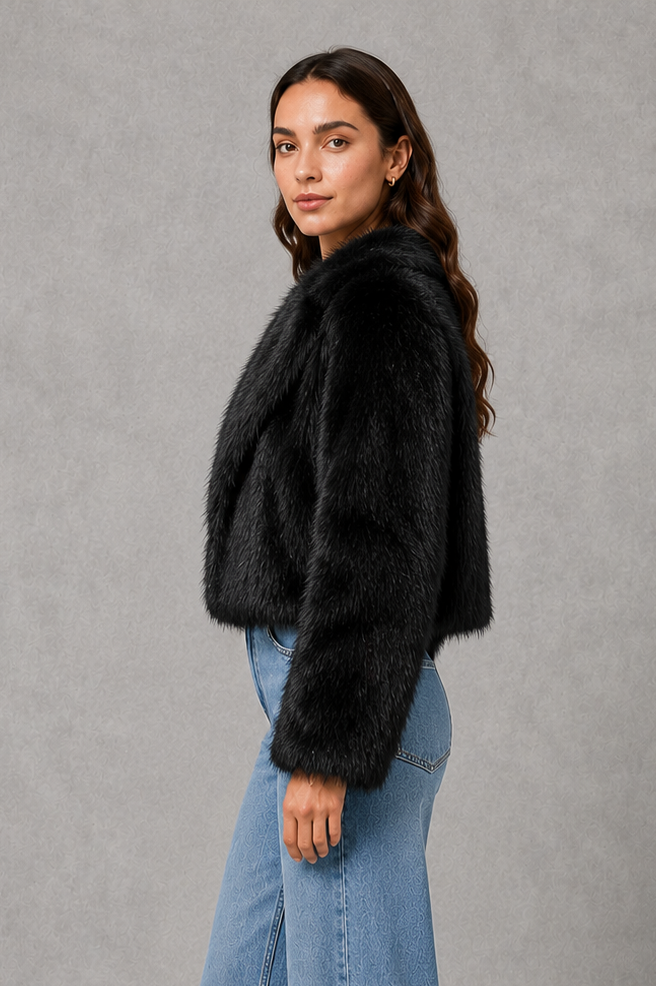 Women’s Black Faux Fur Coat – Elegant Plush Winter Jacket