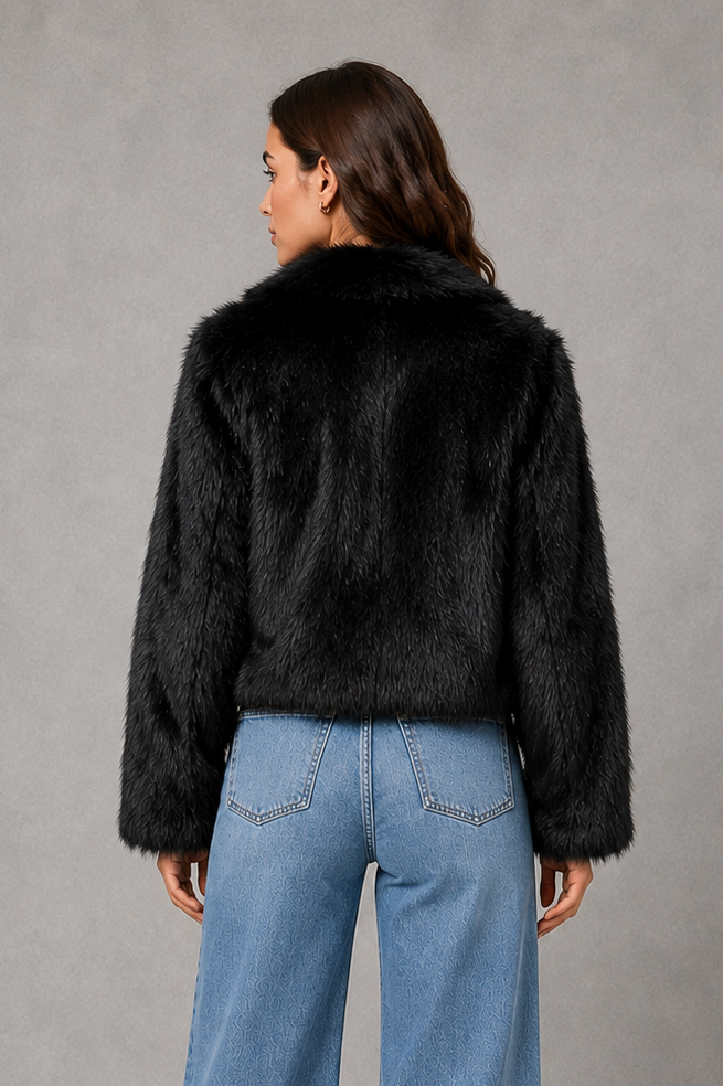 Women’s Black Faux Fur Coat – Elegant Plush Winter Jacket