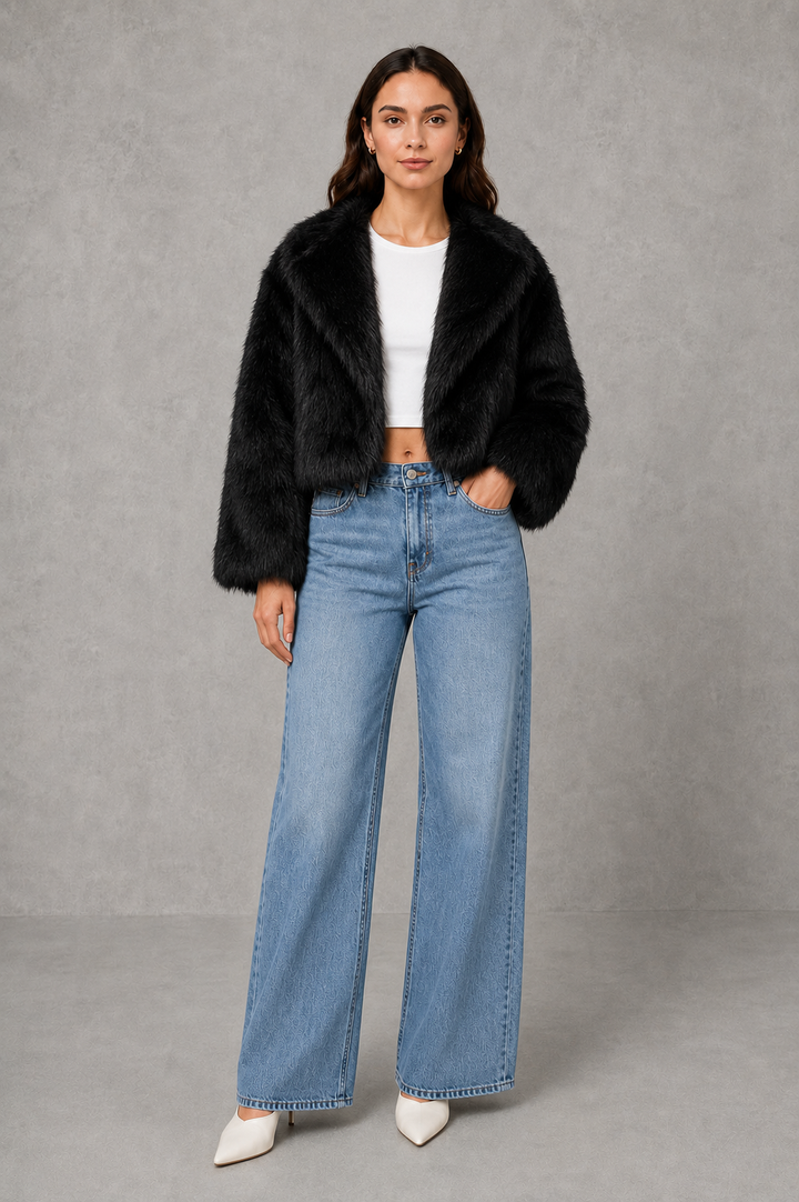 Women’s Black Faux Fur Coat – Elegant Plush Winter Jacket