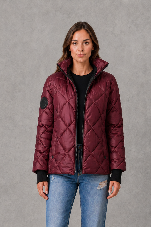 Women’s Burgundy Quilted Puffer Jacket – High Collar Padded Winter Coat
