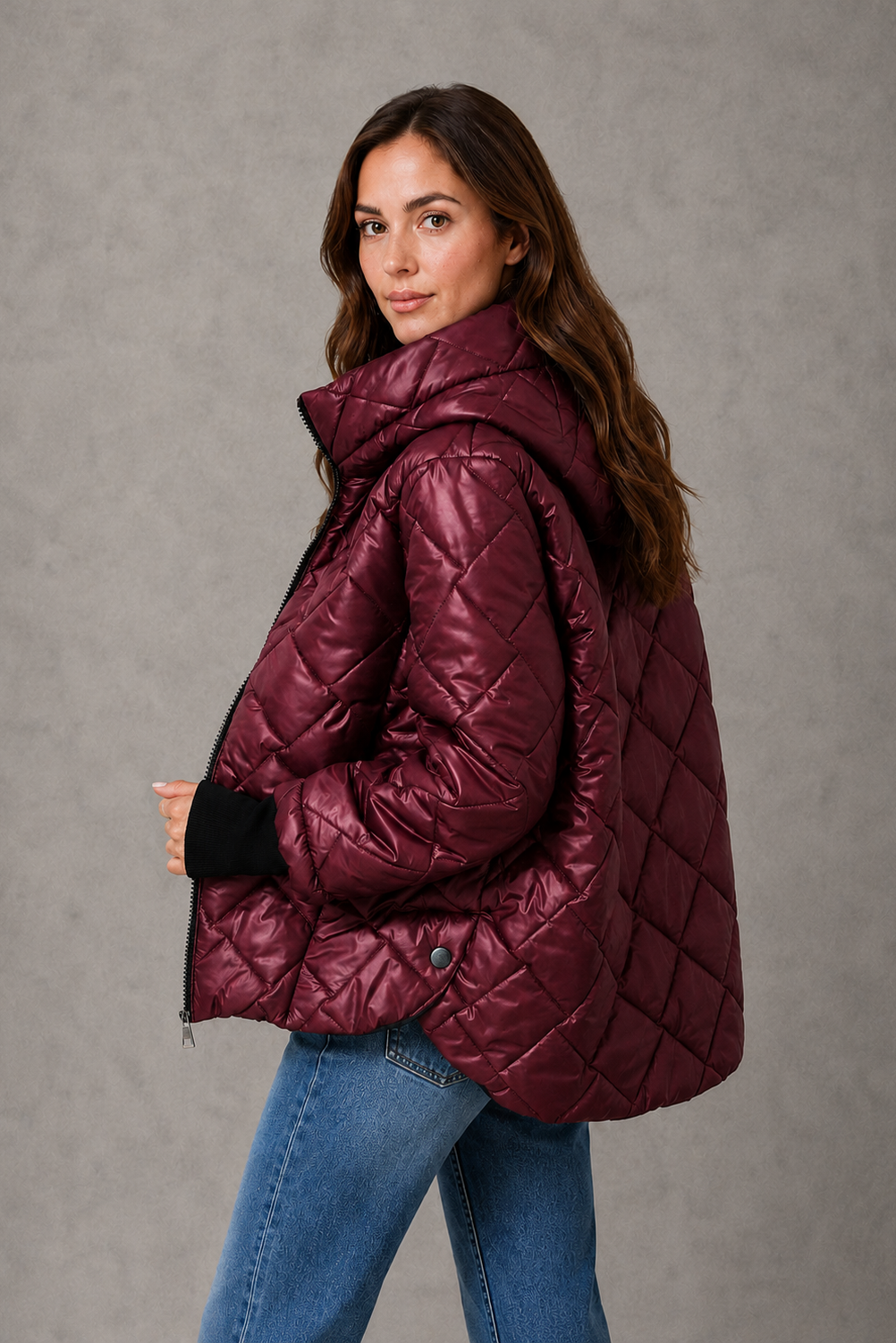 Women’s Burgundy Quilted Puffer Jacket – High Collar Padded Winter Coat