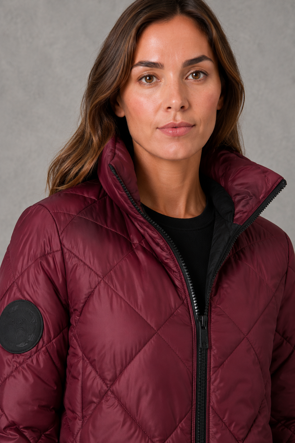 Women’s Burgundy Quilted Puffer Jacket – High Collar Padded Winter Coat