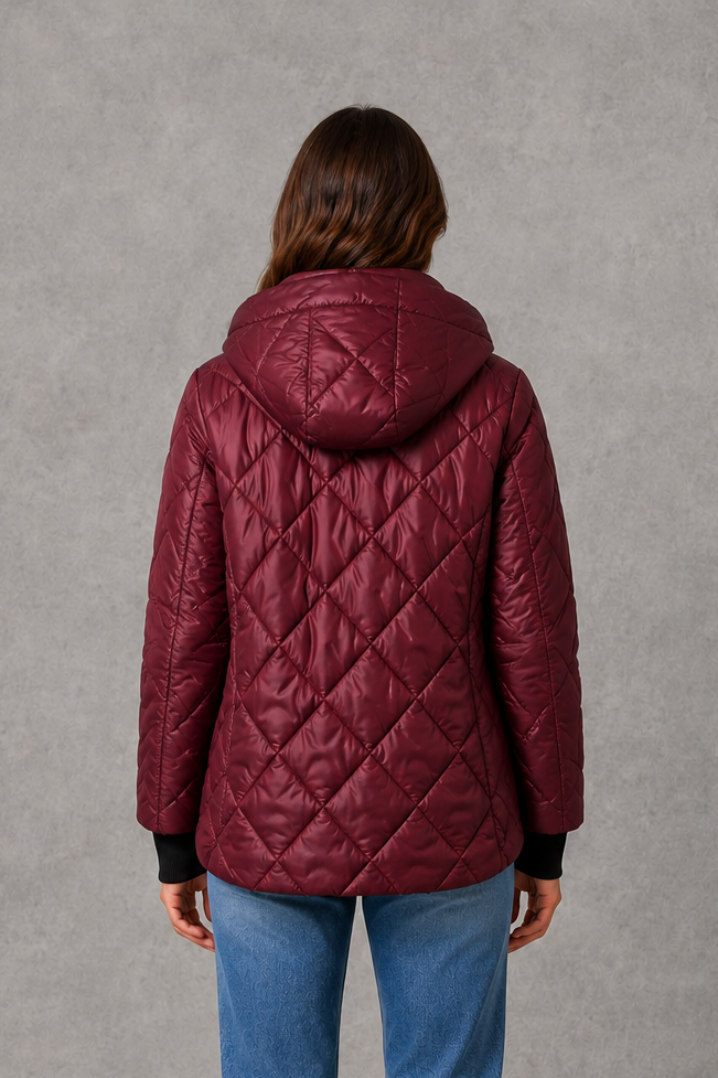 Women’s Burgundy Quilted Puffer Jacket – High Collar Padded Winter Coat