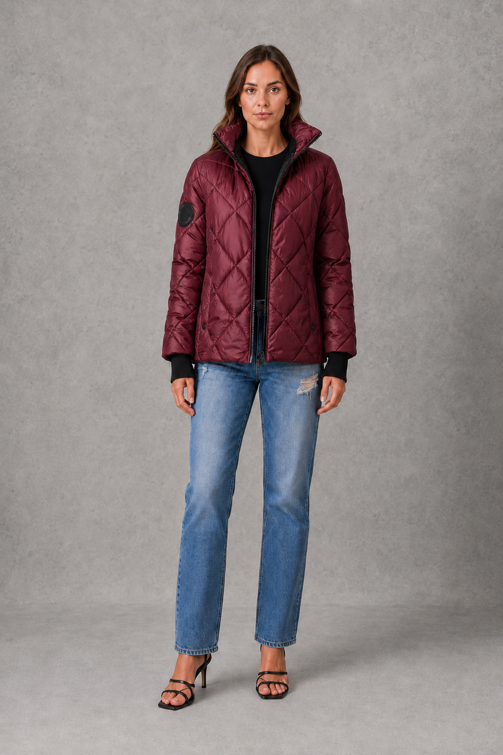 Women’s Burgundy Quilted Puffer Jacket – High Collar Padded Winter Coat