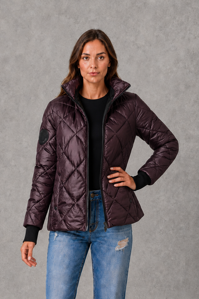 Women’s Burgundy Quilted Puffer Jacket – High Collar Padded Winter Coat