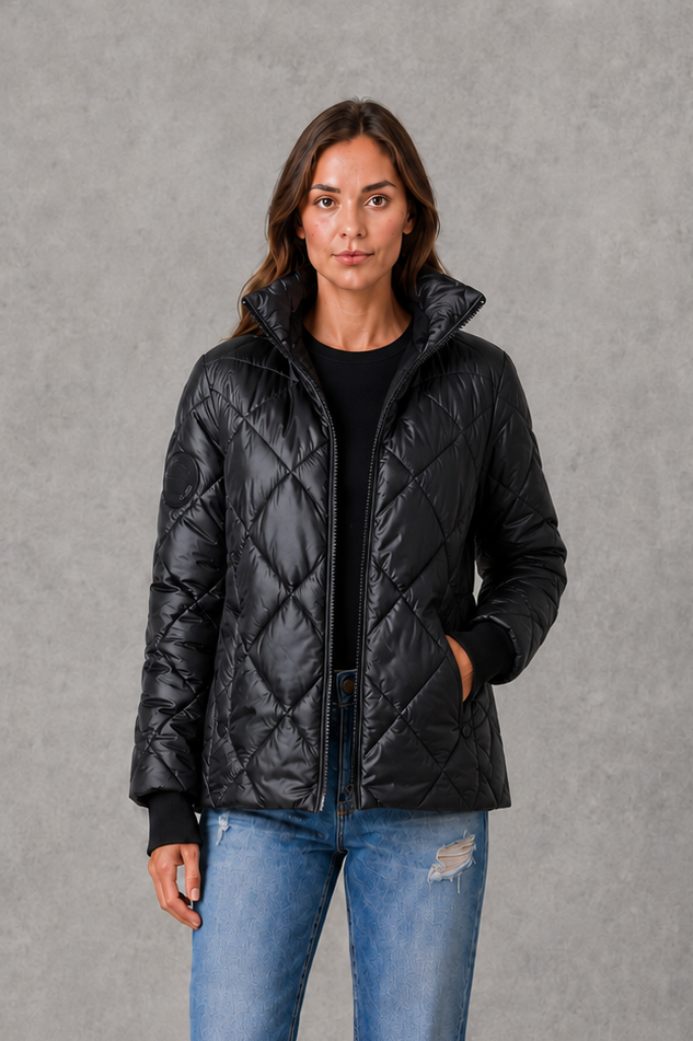 Women’s Burgundy Quilted Puffer Jacket – High Collar Padded Winter Coat