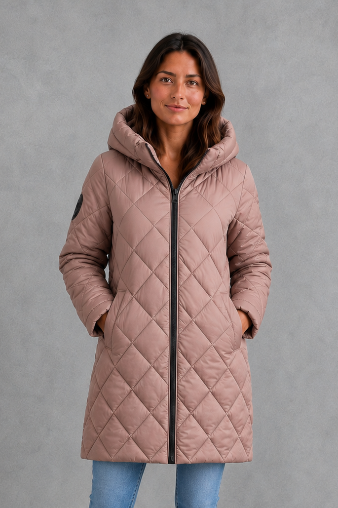 Women’s Long Quilted Winter Coat – Hooded High Collar Puffer Jacket