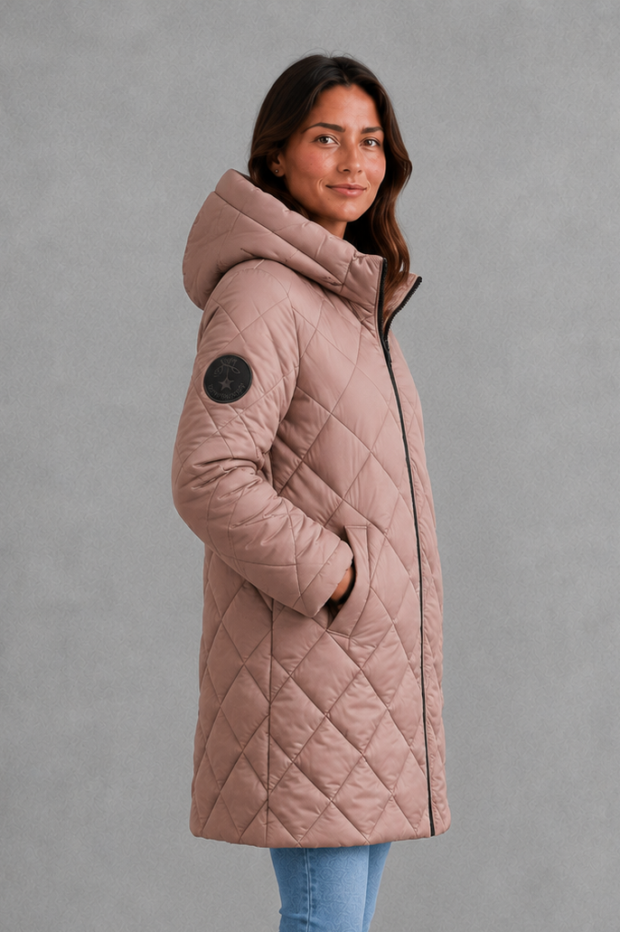 Women’s Long Quilted Winter Coat – Hooded High Collar Puffer Jacket