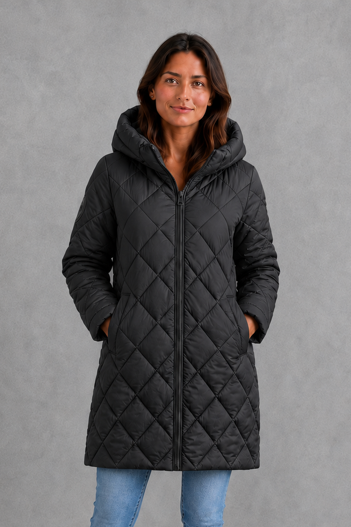 Women’s Long Quilted Winter Coat – Hooded High Collar Puffer Jacket