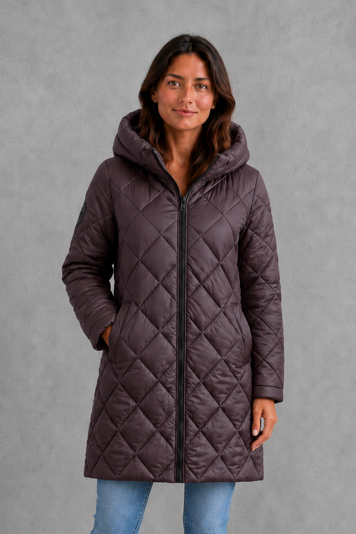 Women’s Long Quilted Winter Coat – Hooded High Collar Puffer Jacket
