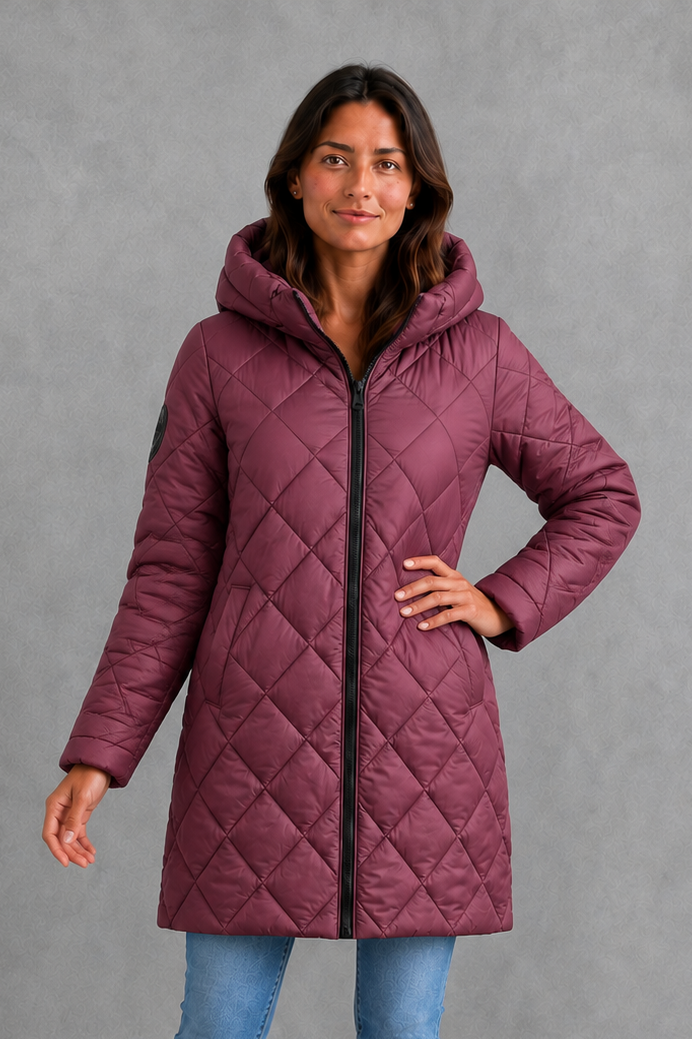 Women’s Long Quilted Winter Coat – Hooded High Collar Puffer Jacket