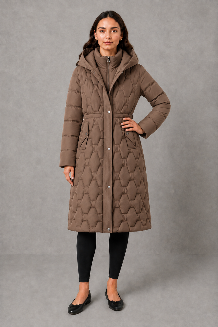 Women’s Longline Hooded Puffer Jacket – Waterproof & Windproof Winter Coat