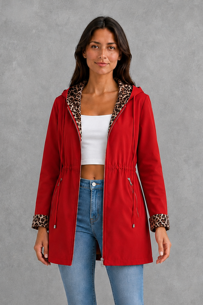 Women’s Reversible Hooded Jacket – Leopard Print Cotton Blend Coat