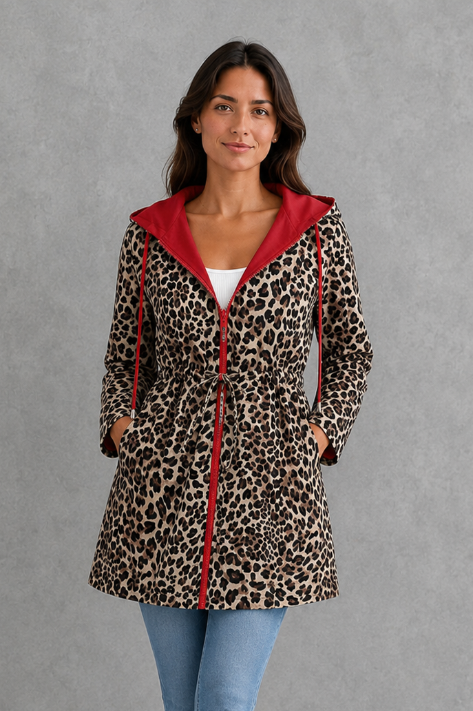 Women’s Reversible Hooded Jacket – Leopard Print Cotton Blend Coat