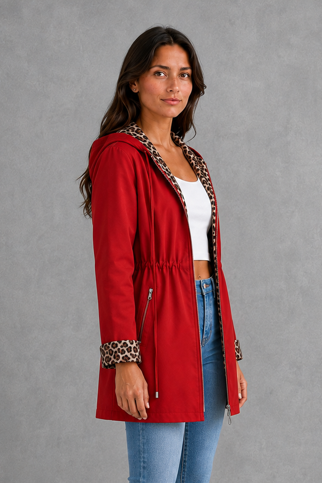 Women’s Reversible Hooded Jacket – Leopard Print Cotton Blend Coat