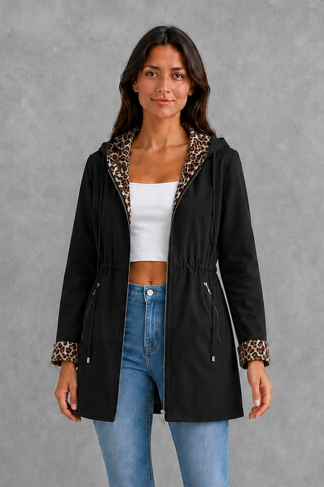 Women’s Reversible Hooded Jacket – Leopard Print Cotton Blend Coat