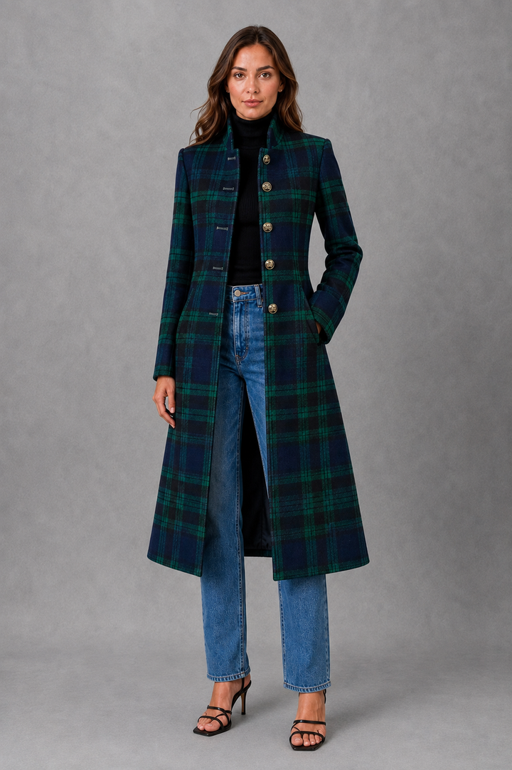 Women’s Tailored Plaid Jacket – Structured Mid-Length Check Coat