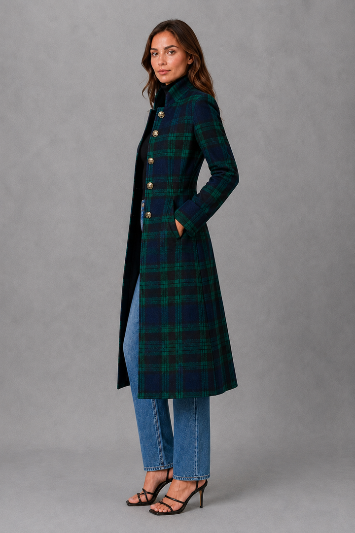 Women’s Tailored Plaid Jacket – Structured Mid-Length Check Coat